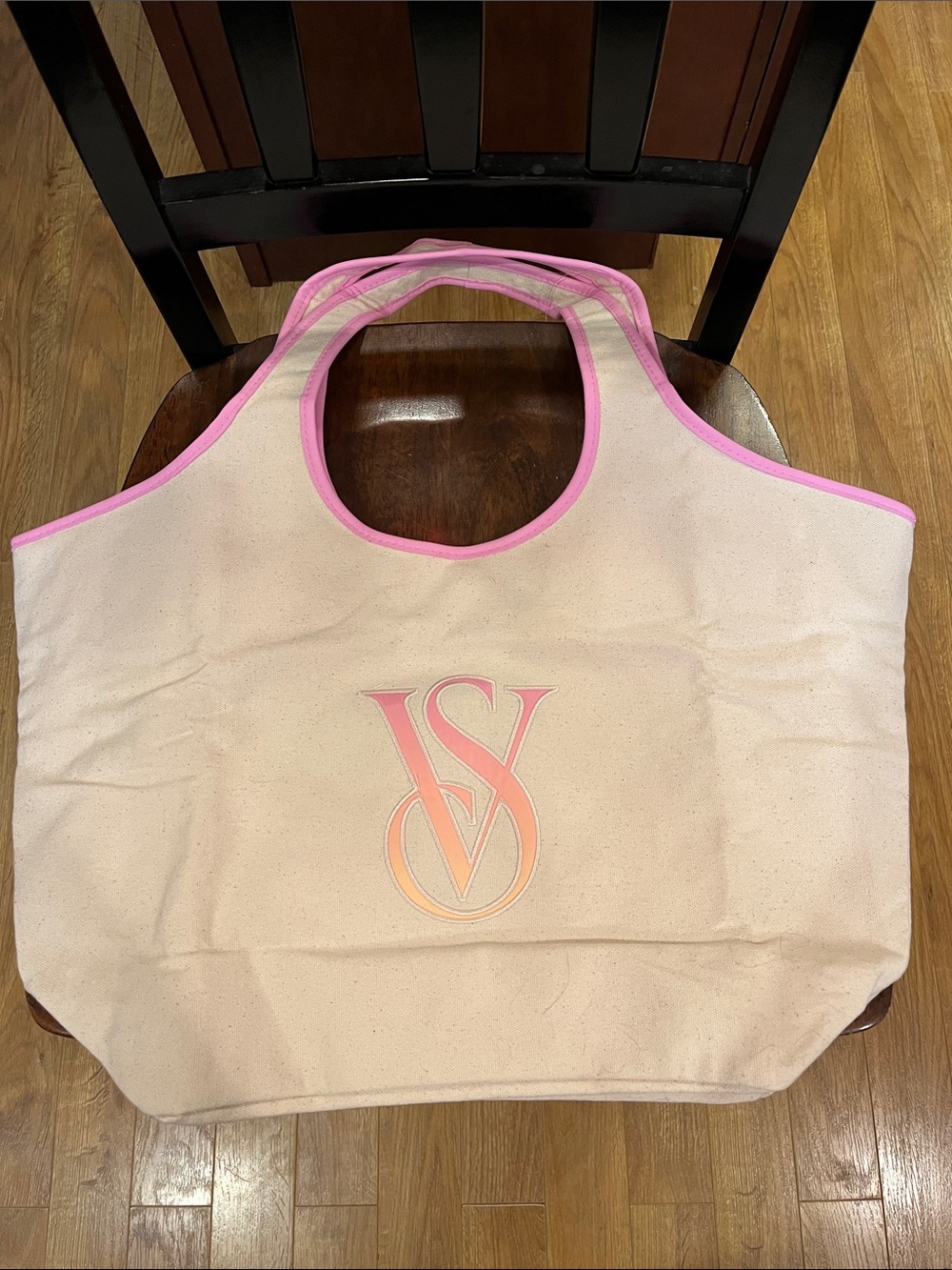 Victoria's Secret Cream Canvas Tote with Pink Trim and Gradient Logo